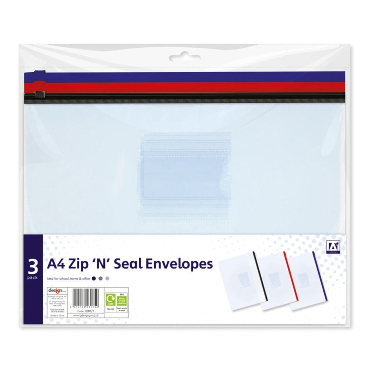 I G Design A4 zip and seal plastic envelopes, pack of 3