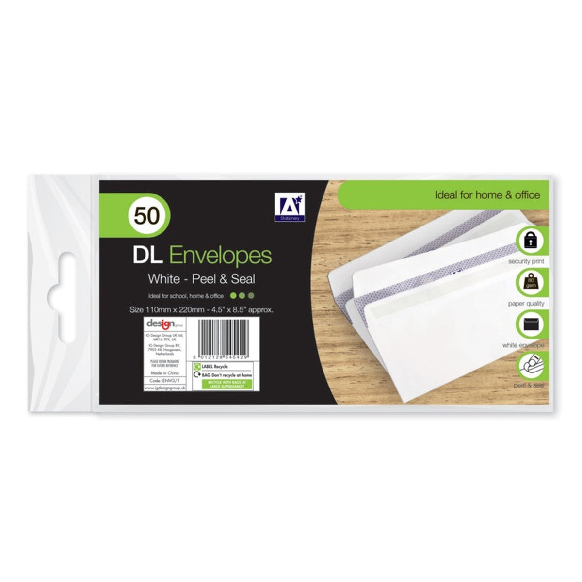 I G Design white DL peel and seal envelopes, pack of 50
