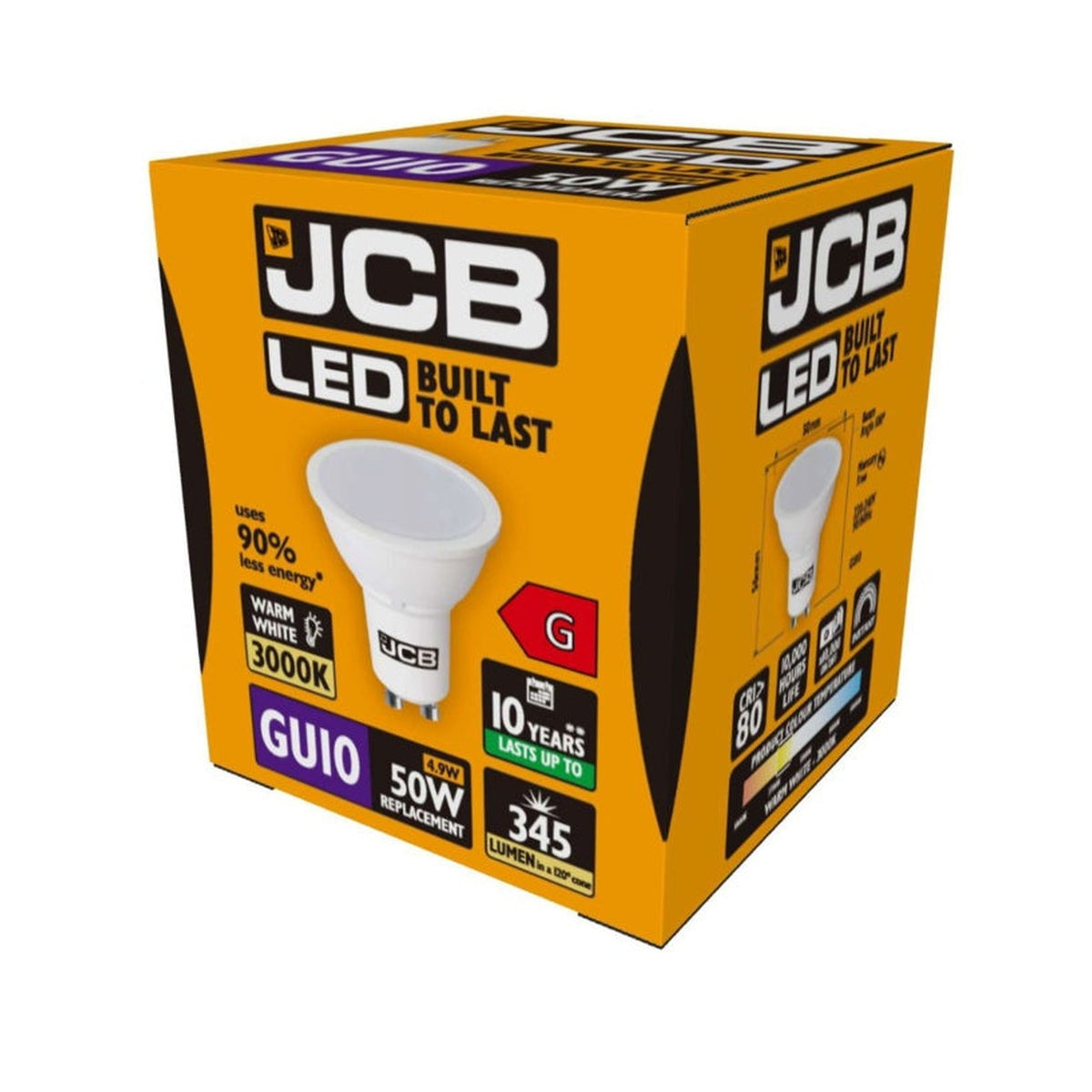 JCB 5W LED GU10 bulb in warm white