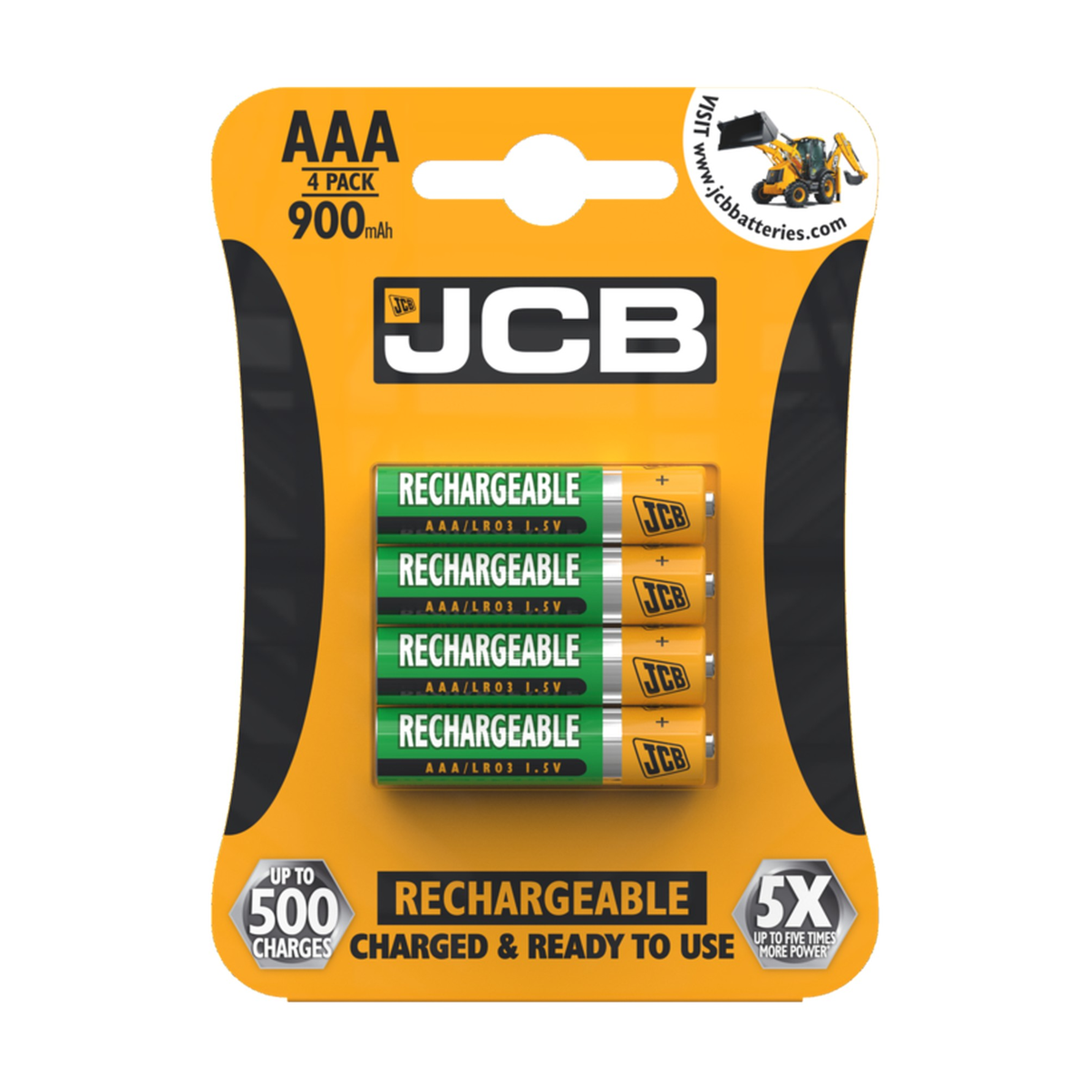 Pack of four JCB rechargeable AAA 900mAh batteries