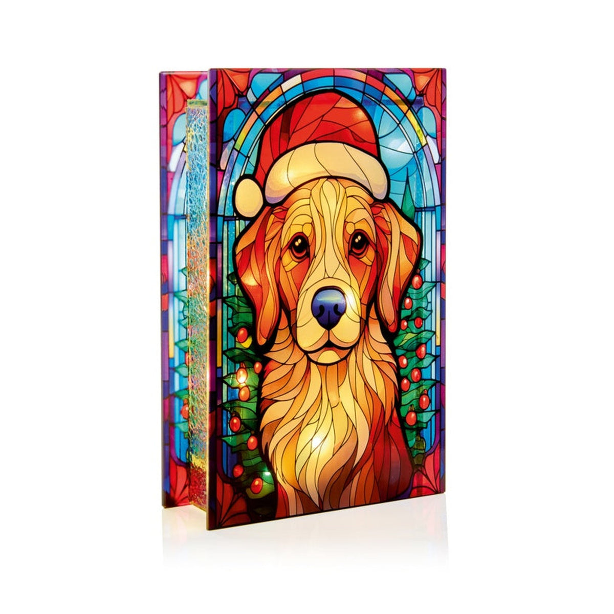 Lit Dog With Santa Hat Stained Glass Decoration - 13cm x 21cm Warm White LEDs