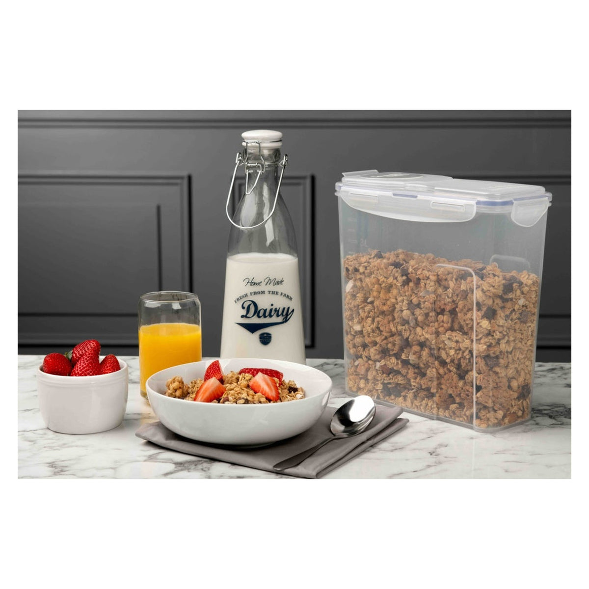 Locknlock 2.4L rectangular flip top container in clear and blue, view 2