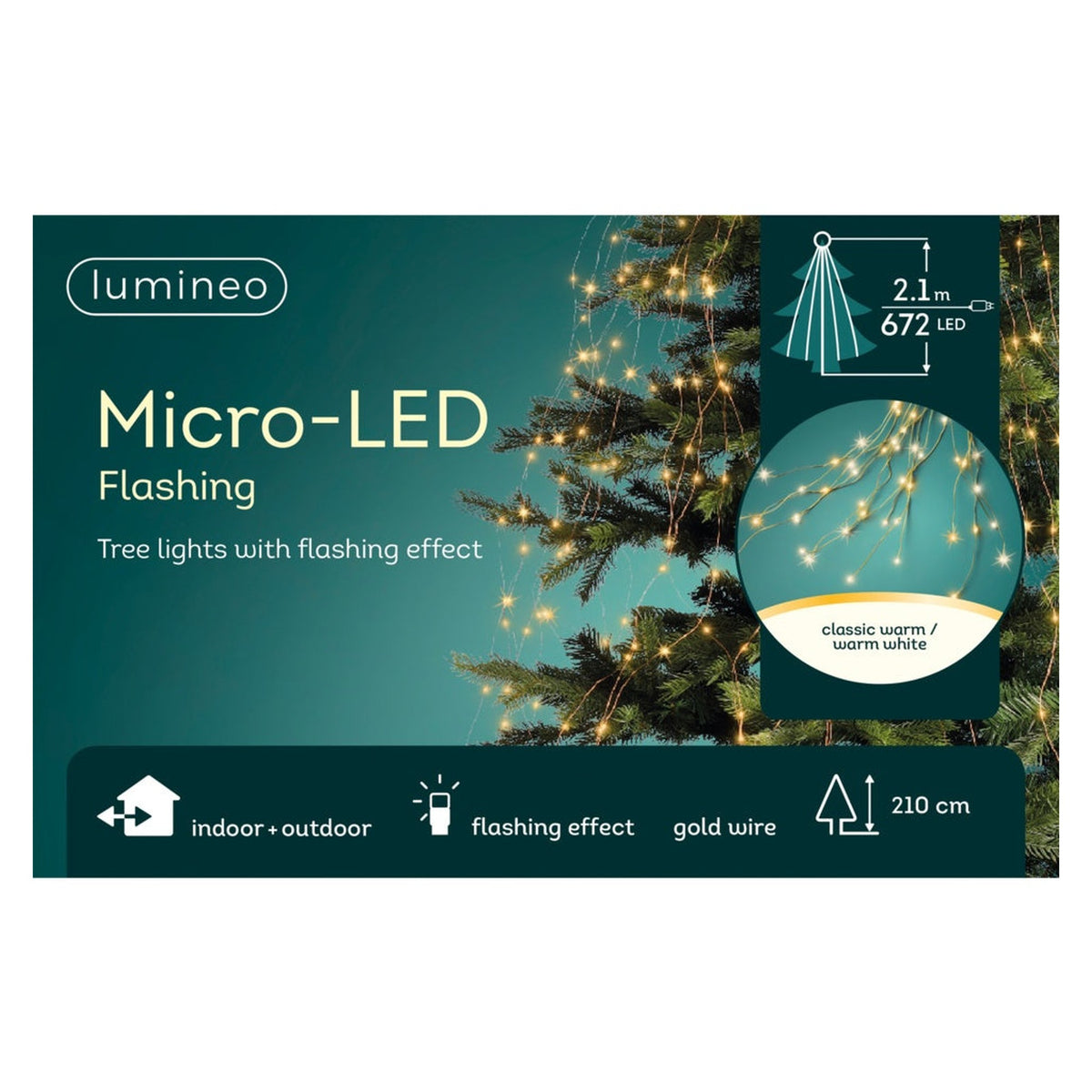 Micro LED Flashing Tree Lights 672L - 210cm Gold Wire/Warm White/ Classic White, view 2