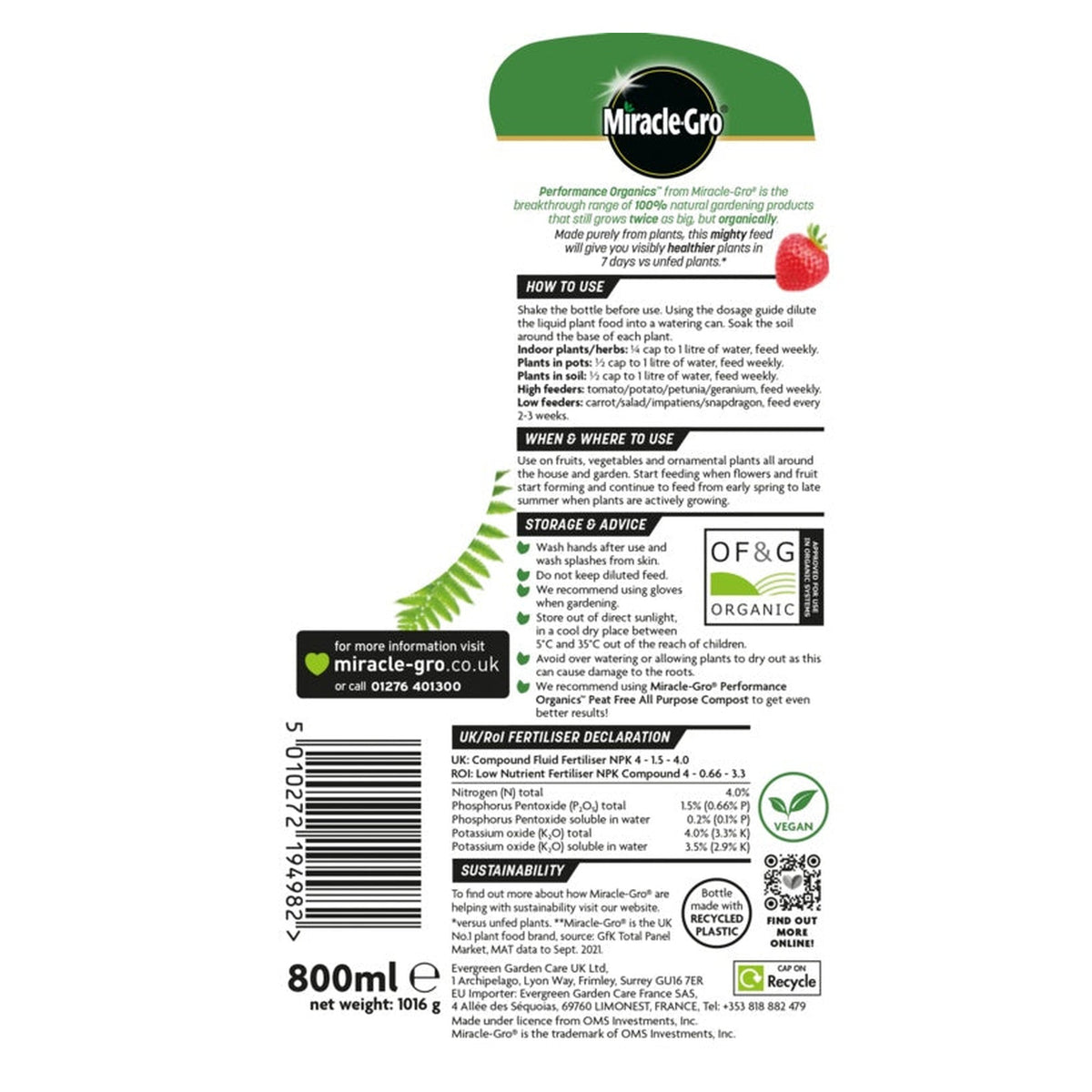 Miracle-Gro Performance Organic all purpose concentrate 800ml, view 2