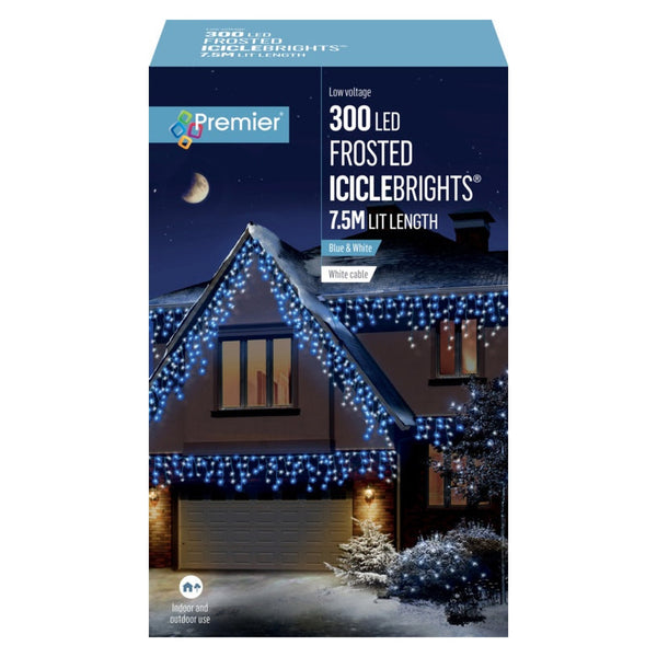 Multi Action Frosted Cap Icicles - 300 LED Blue/White