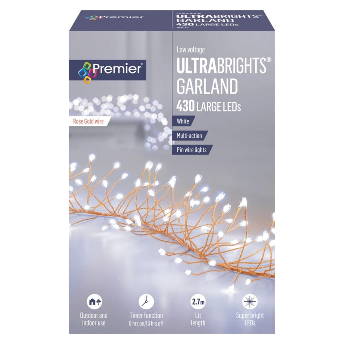 Multi Action Ultra Brights Rose Gold Garland - White 430 LEDs
