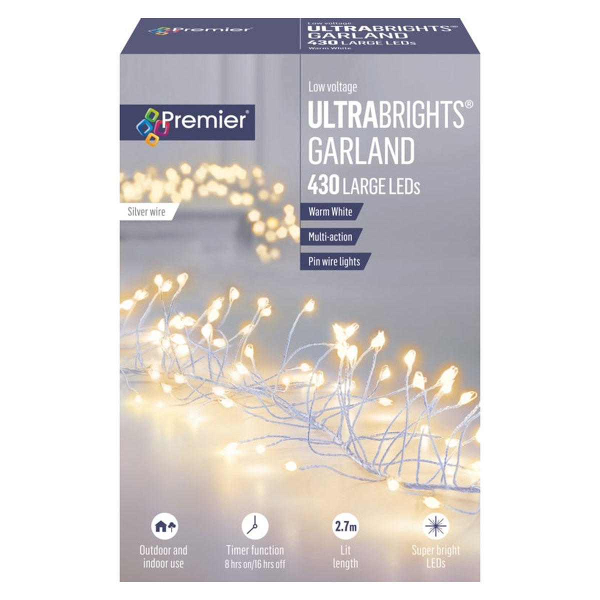Multi Action Ultra Brights Silver Garland - Warm White 430 LEDs