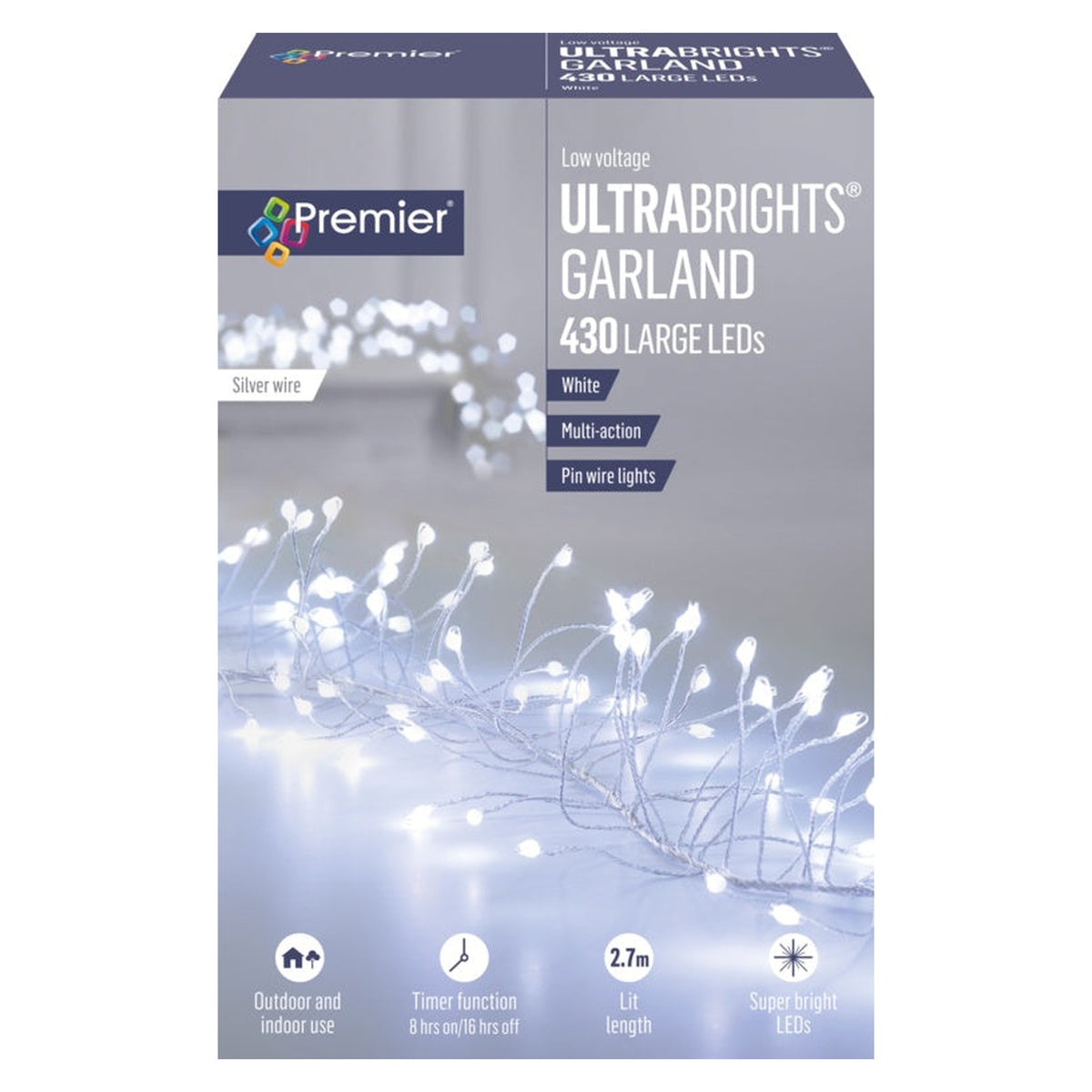 Multi Action Ultra Brights Silver Garland - White 430 LEDs