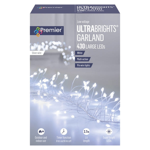 Multi Action Ultra Brights Silver Garland - White 430 LEDs