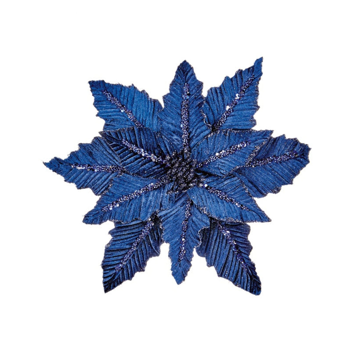 Navy Velvet Poinsettia With Glitter Clip On - 31cm