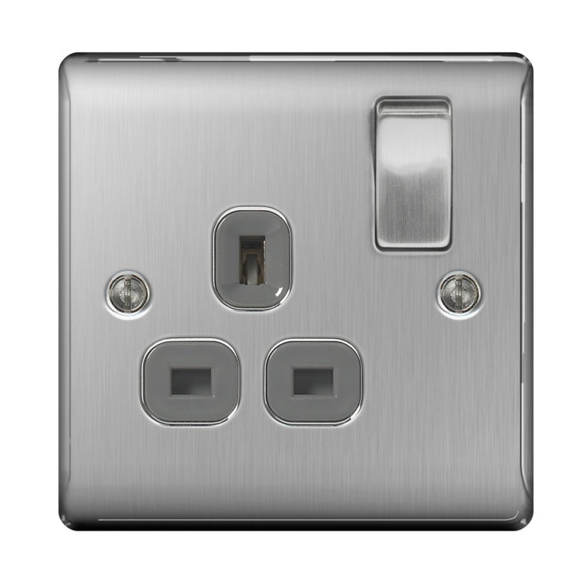 Nexus brushed steel 1 gang 13A switched socket with black inset