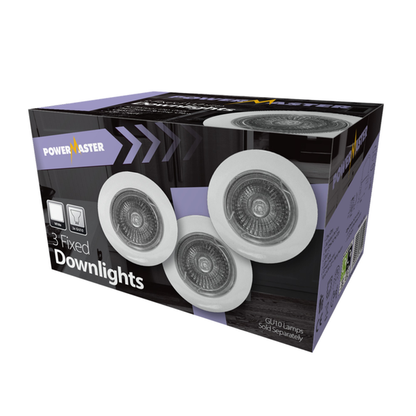 Pack of 3 Powermaster white fixed GU10 downlights