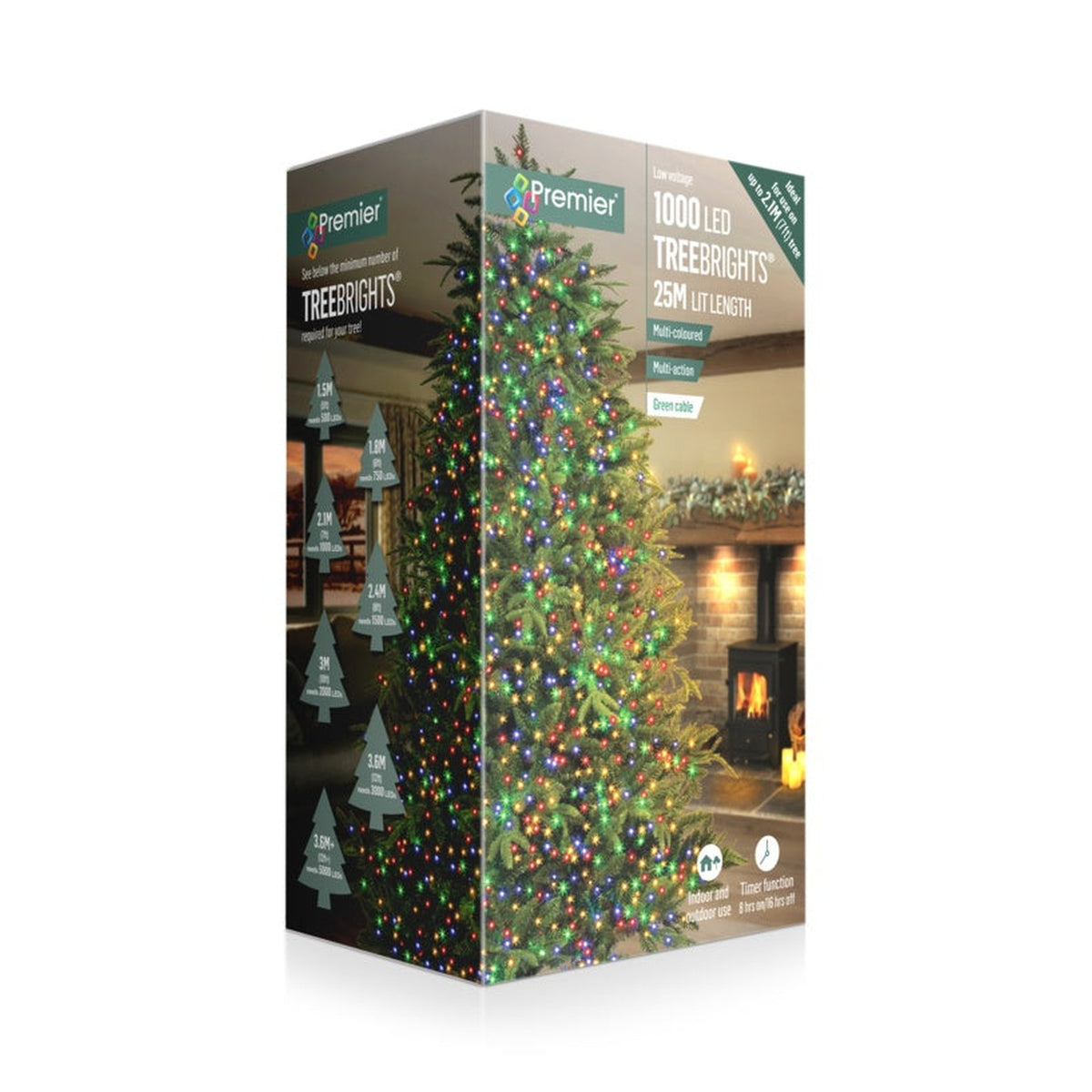 Premier 1000 LED multi-colour Christmas tree lights with green cable and timer