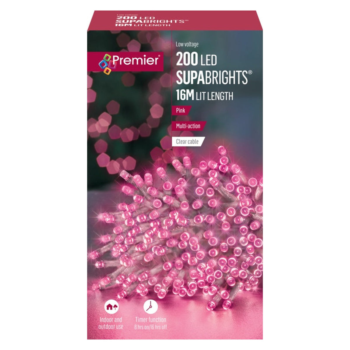 Premier 200 LED Supabrights pink string lights with timer