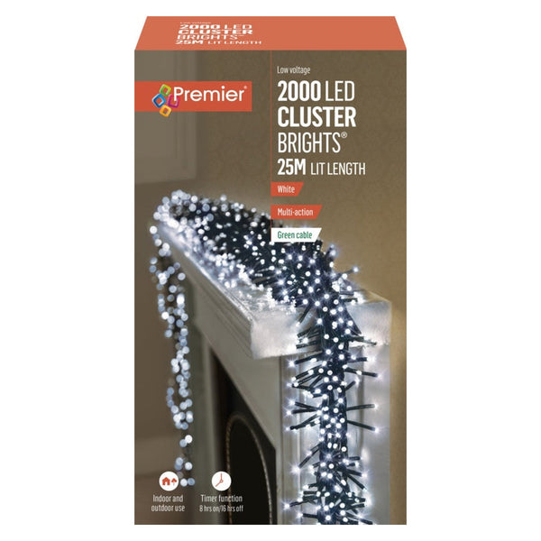 Premier 2000 LED white cluster Christmas lights with timer
