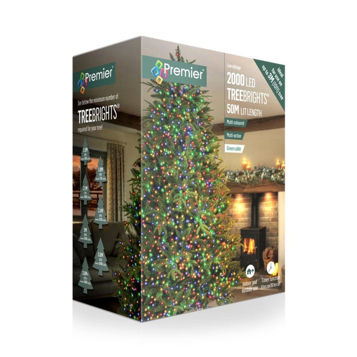 Premier 2000 LED multi colour Treebrights on green cable with timer