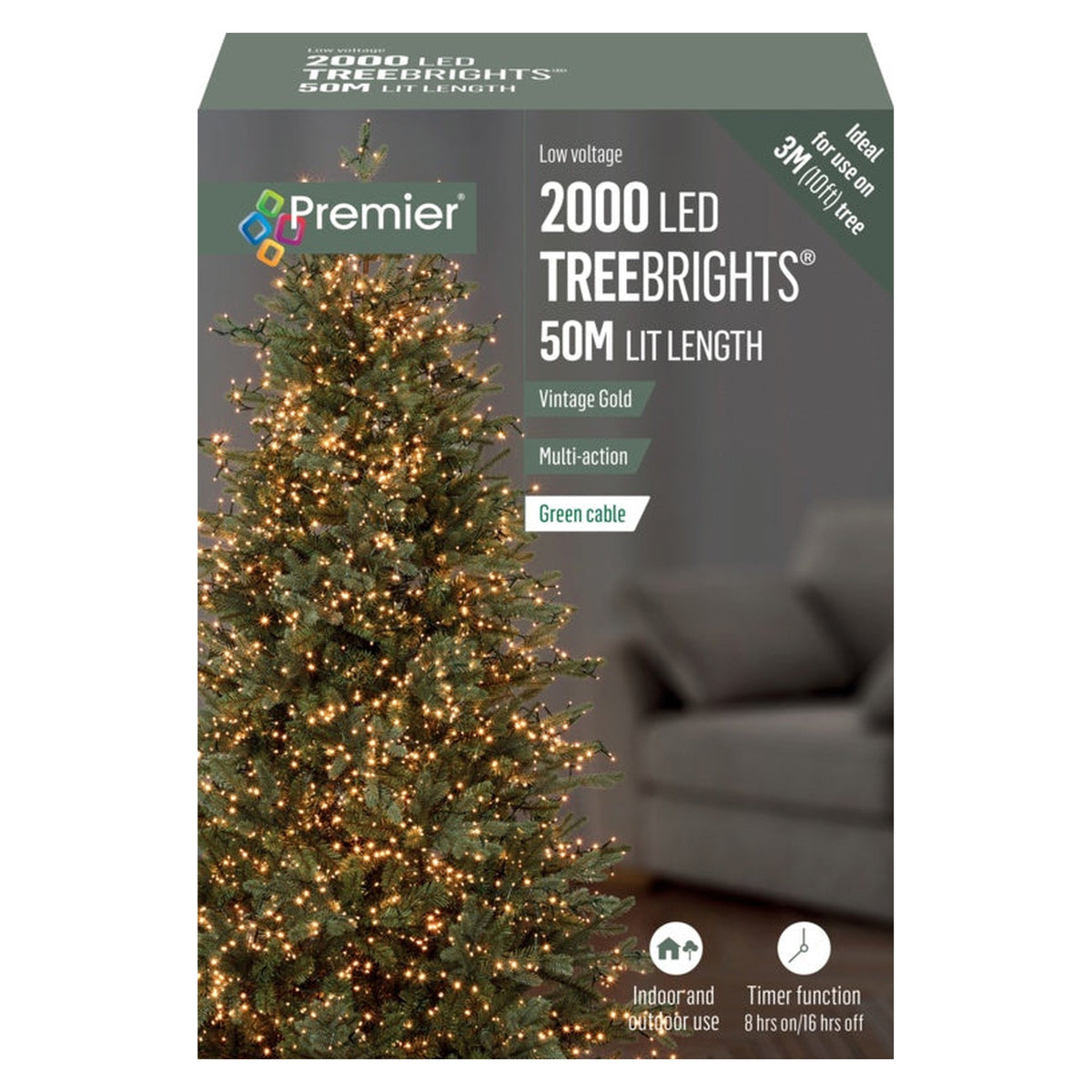 Premier 2000 LED vintage gold treebrights on green cable