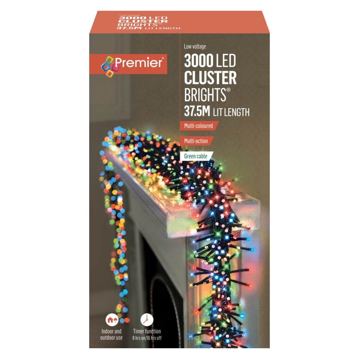 Premier 3000 LED multi colour cluster lights on green cable