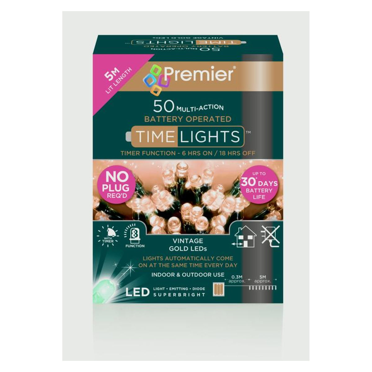 Premier 50 LED battery operated vintage gold TIMELIGHTS