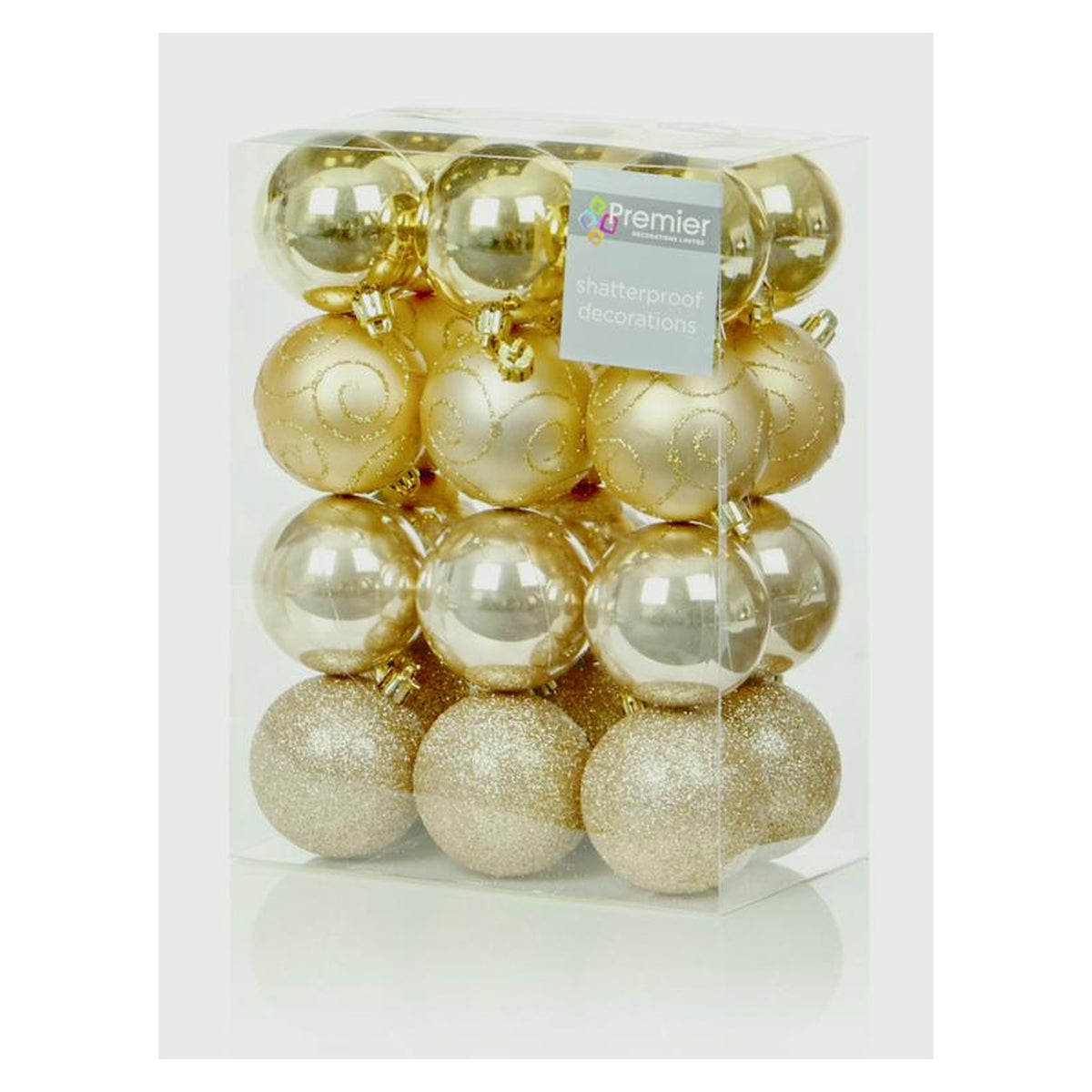 Pack of 24 Premier 60mm champagne gold multi finish baubles