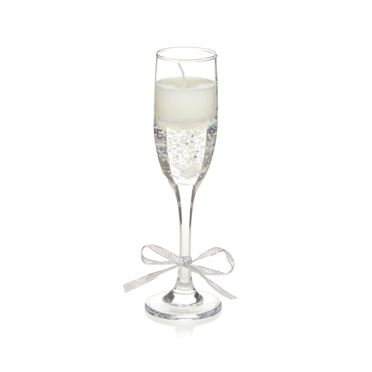 Premier champagne glass gel candle with silver bow, 22cm