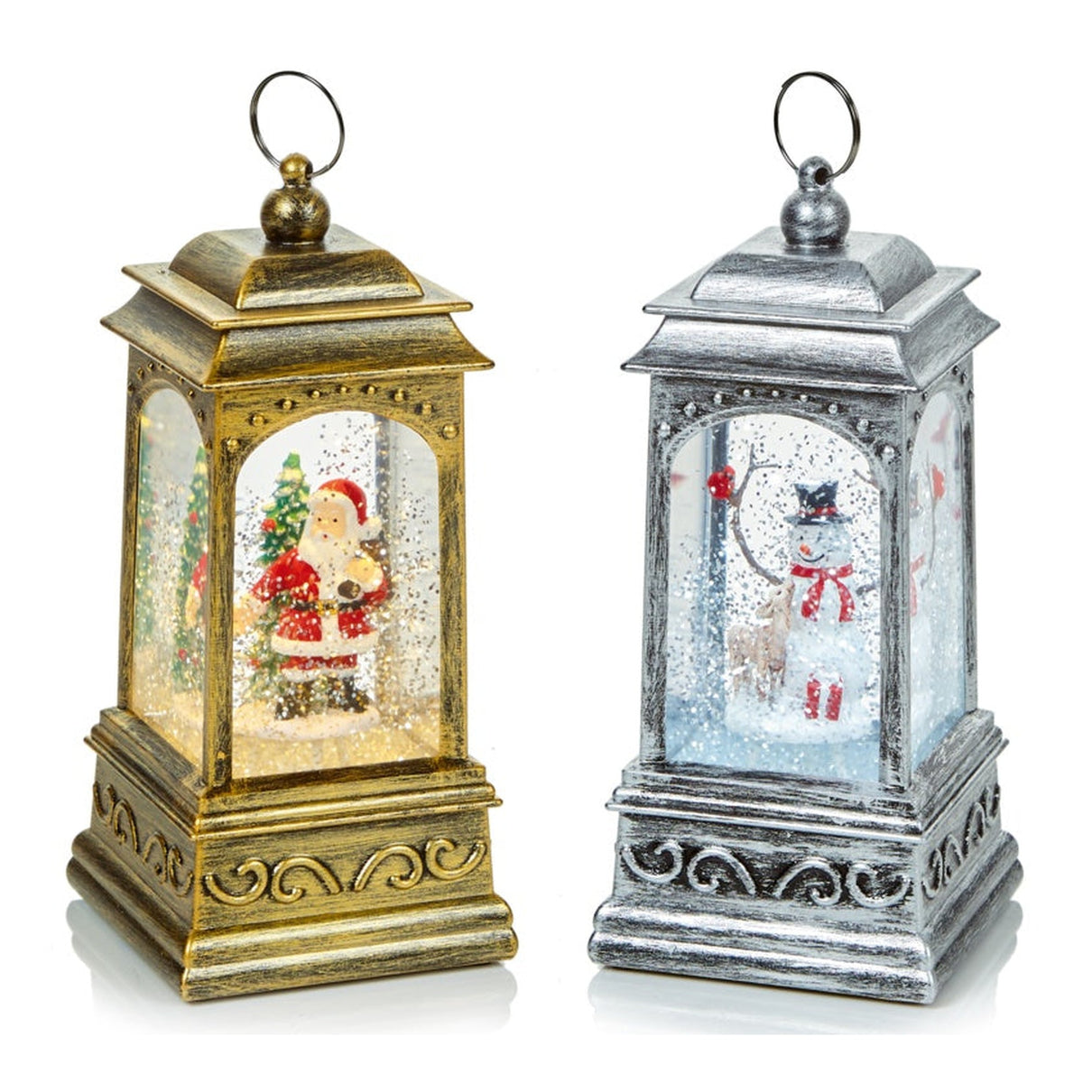 Premier glitter spinner lantern with Santa and snowman 21cm