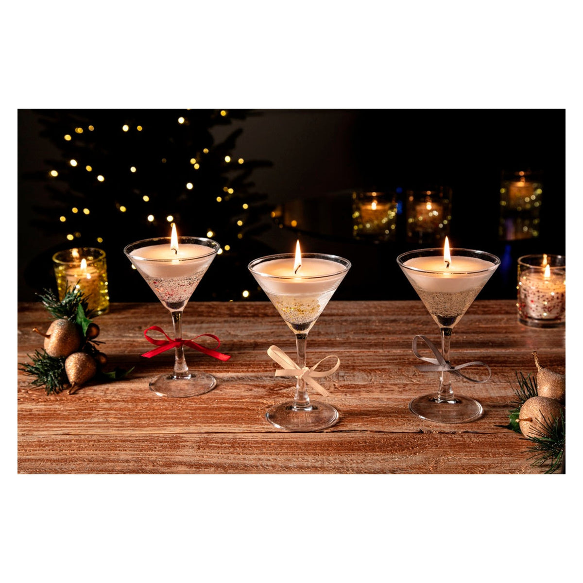 Premier martini glass gel candle with gold bow, view 3