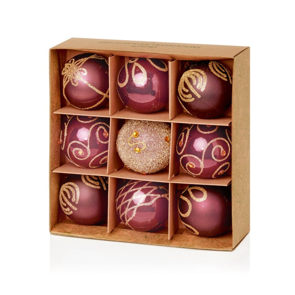 Premier plum Christmas baubles, 9 x 60mm