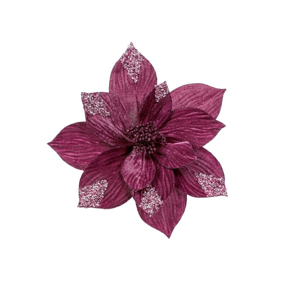 Premier plum velvet poinsettia with gold sequins, clip-on 29cm