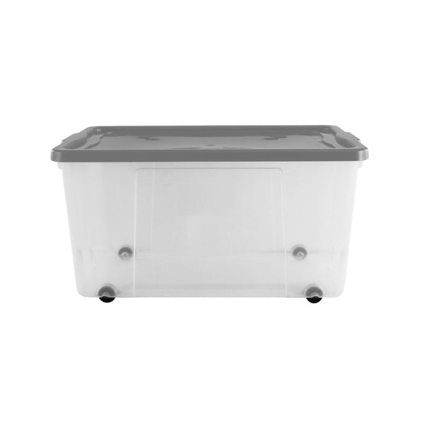 Premier 100L clear wheeled storage box with platinum lid