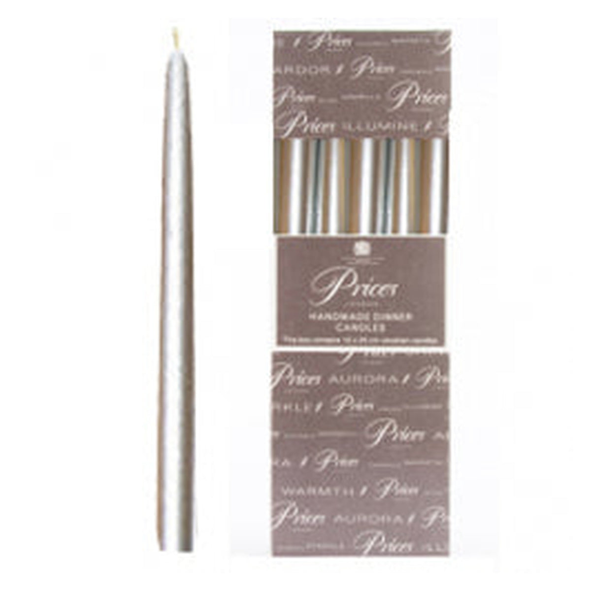 Pack of 10 Price's Venetian silver 10 inch dinner candles