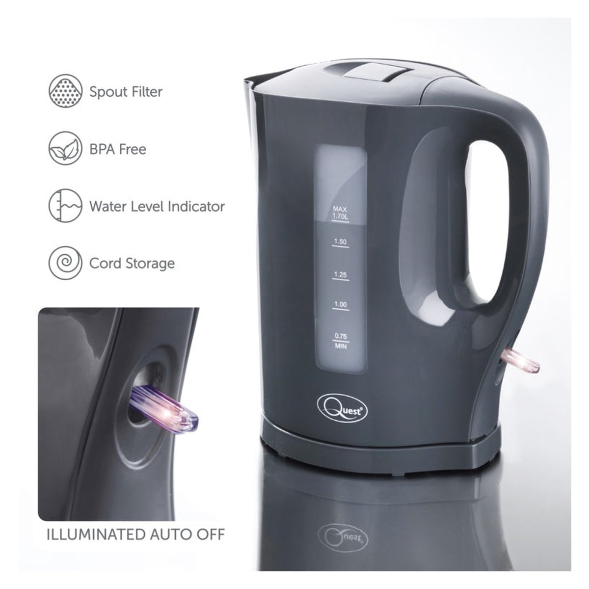 Quest 1.7L grey cordless jug kettle, view 7