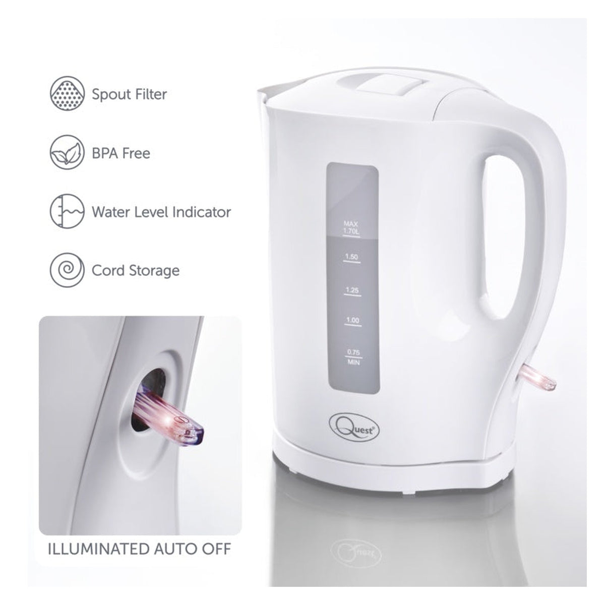 Quest 1.7L white cordless jug kettle, view 7