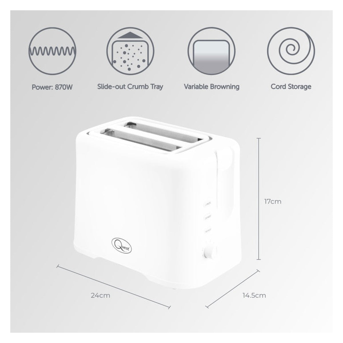 Quest white 2 slice toaster, view 5