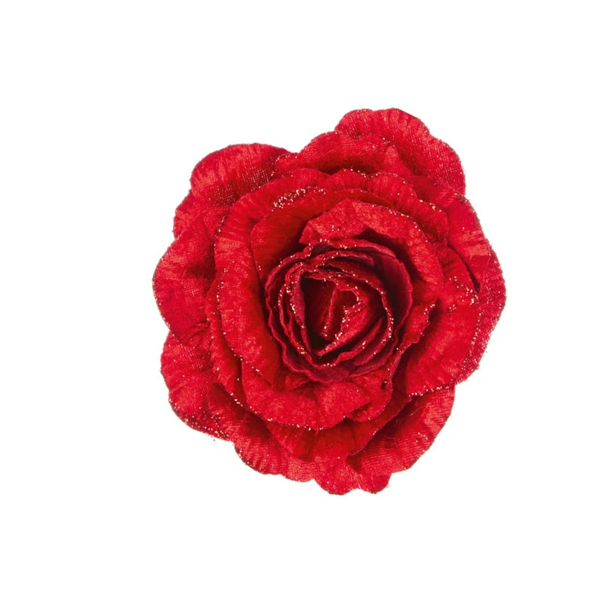 Red Velvet Glitter Rose On Clip - 15cm