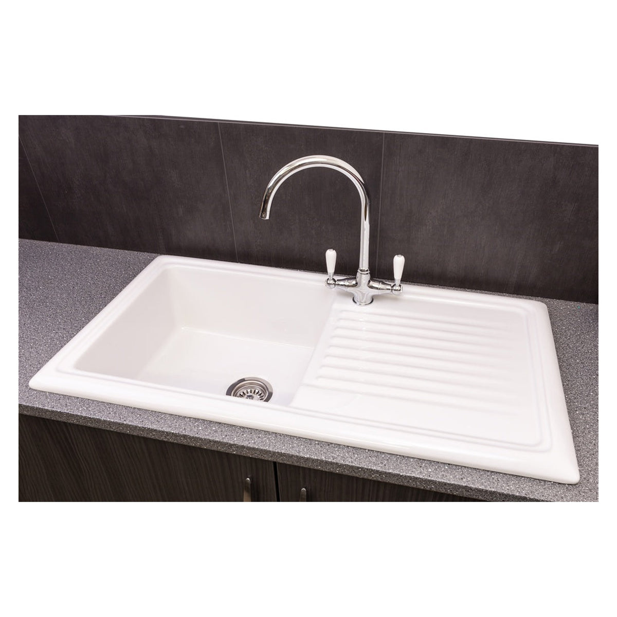 Reginox white ceramic reversible single bowl kitchen sink, view 2