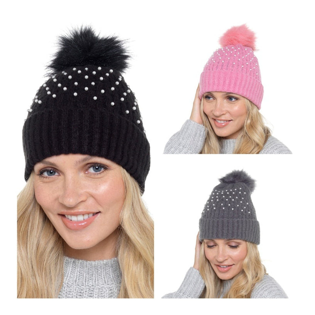 RJM ladies rib hat with pearls and bobble