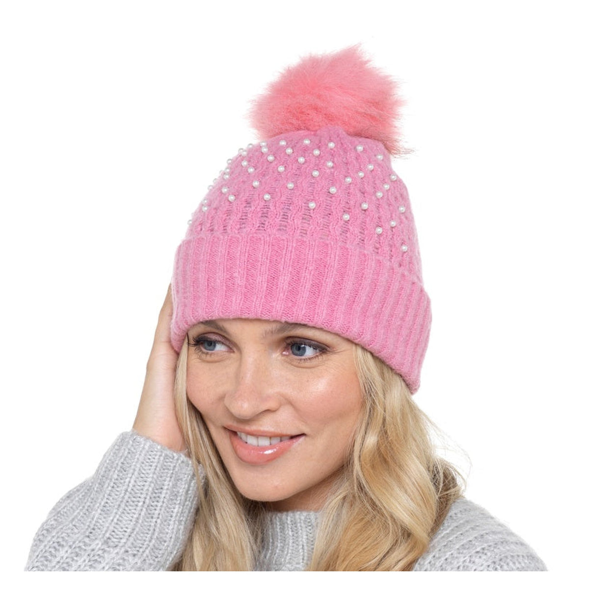 RJM ladies rib hat with pearls and bobble, view 2