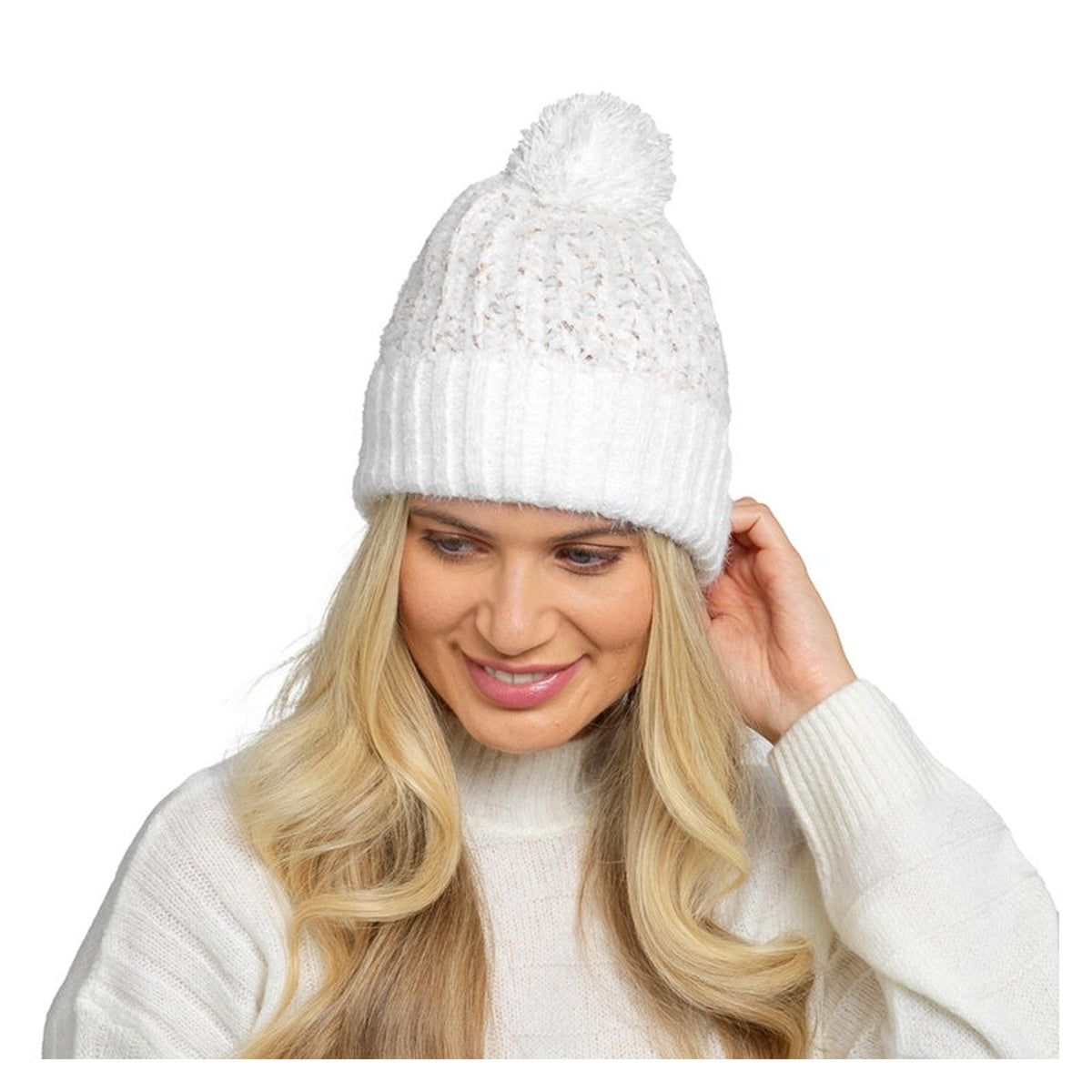 RJM ladies twist yarn chenille hat with pompom, view 2