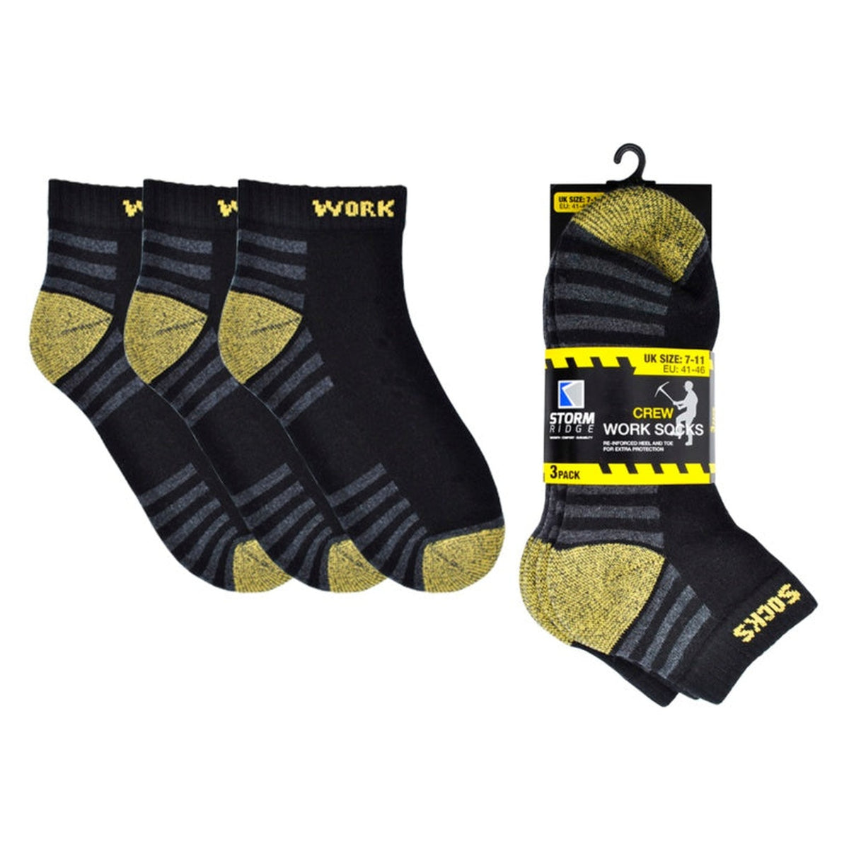 RJM mens work socks pack of 3 black with yellow