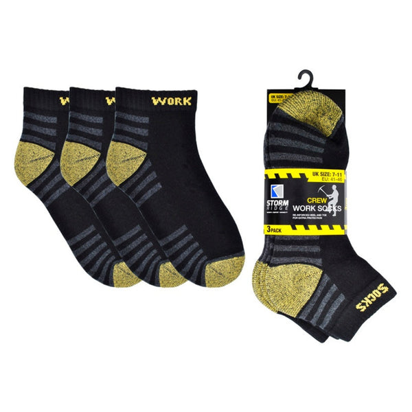 RJM mens work socks pack of 3 black with yellow