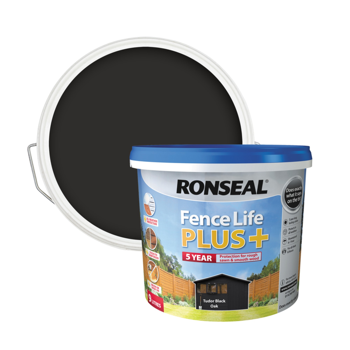 Ronseal Fence Life Plus 9L tin in Tudor Black Oak