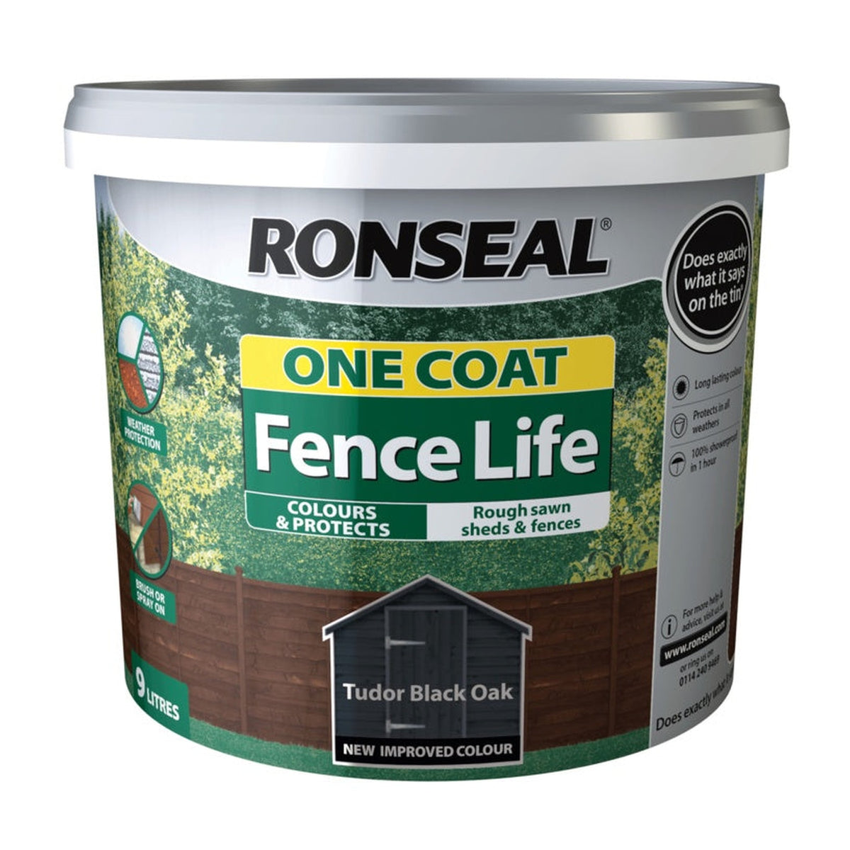 Ronseal One Coat Fence Life 9L tin in Tudor Black Oak, view 4