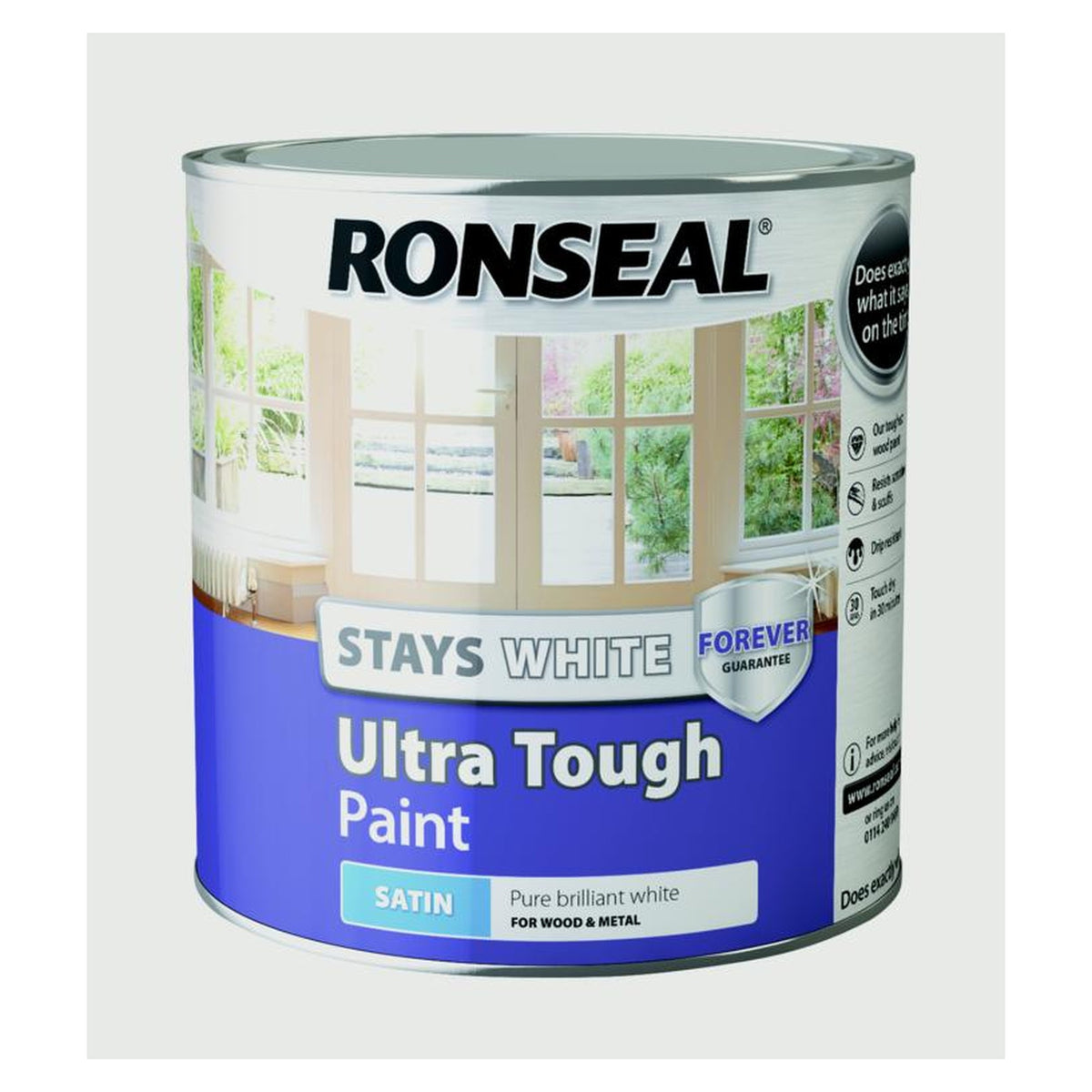 Ronseal Stays White Ultra Tough Paint White Satin 2.5L tin