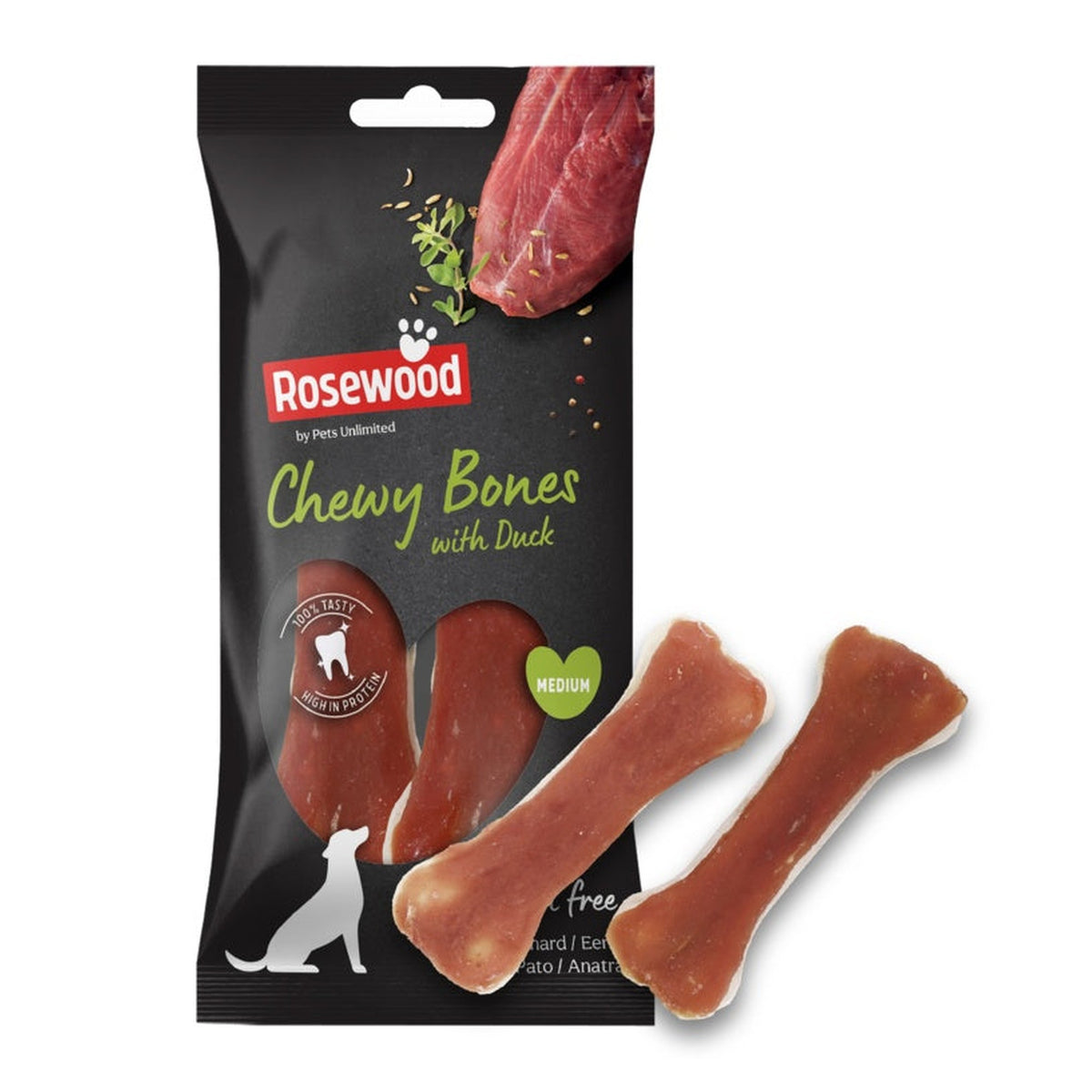 Rosewood Chewy Bones with Duck dog chews, medium, view 2