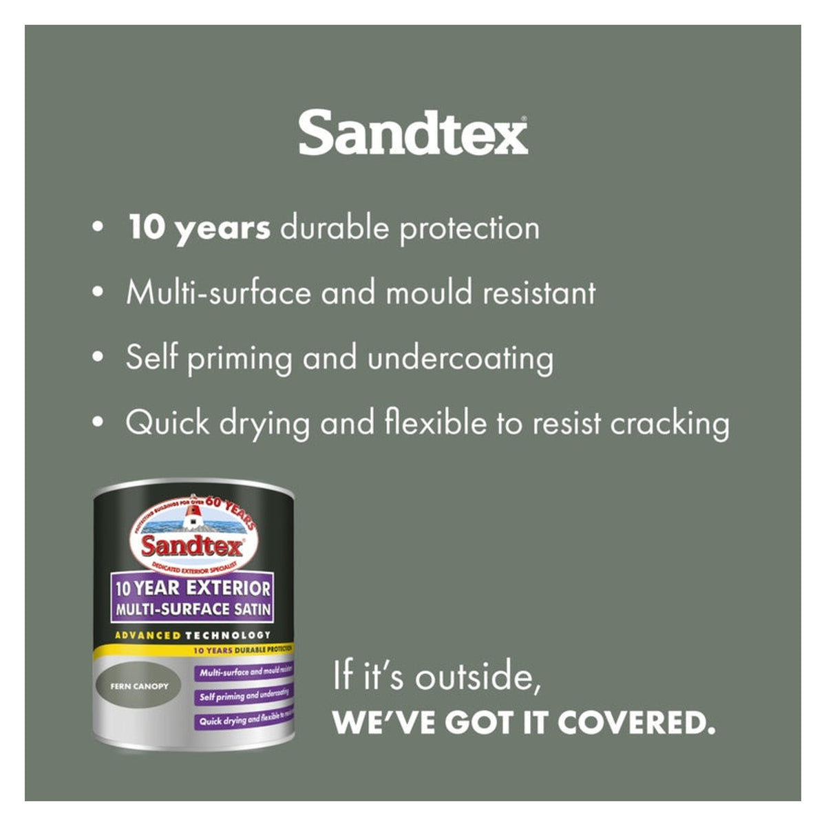 Sandtex 10 Year Exterior Multi Surface Satin 750ml tin in Fern Canopy, view 3