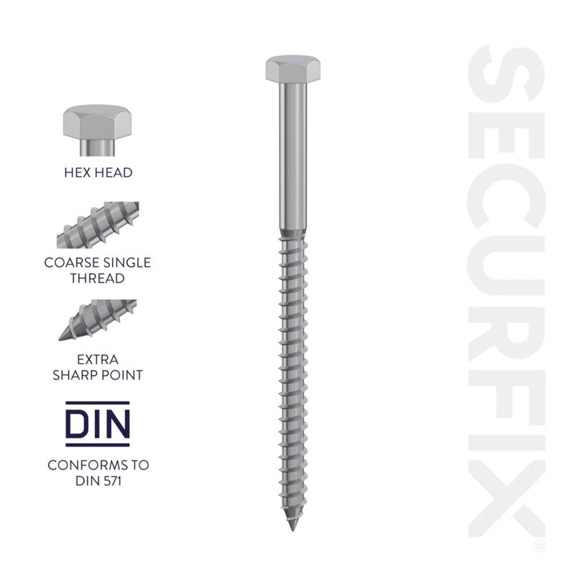 Pack of 100 Securfix M6 x 70mm DIN571 coach screws