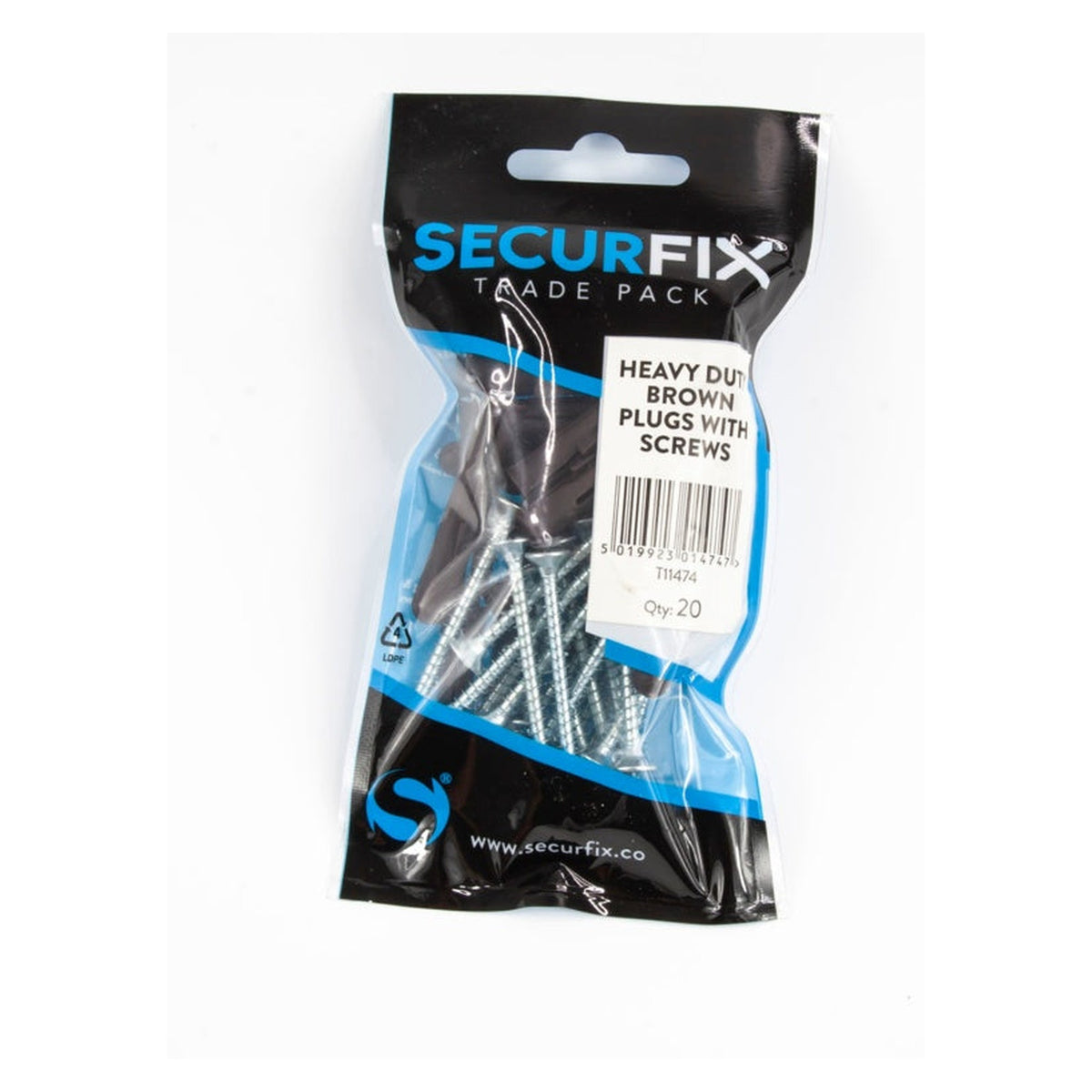 Pack of twenty Securfix heavy duty brown wall plugs with screws, view 2