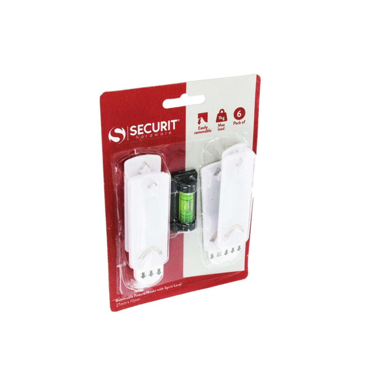 Pack of 6 Securit white removable picture hooks with spirit level