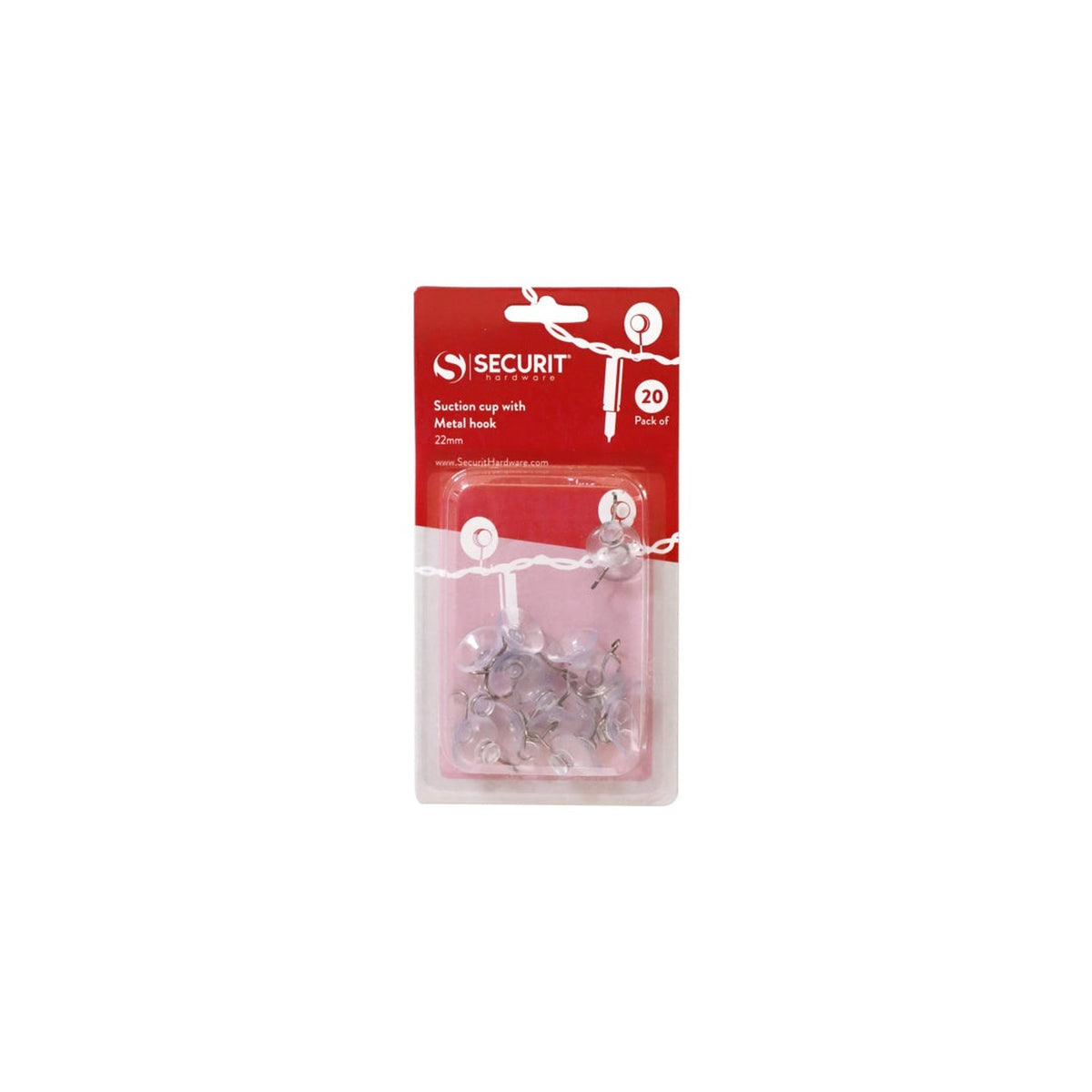 Pack of 20 Securit 22mm suction cups with metal hooks